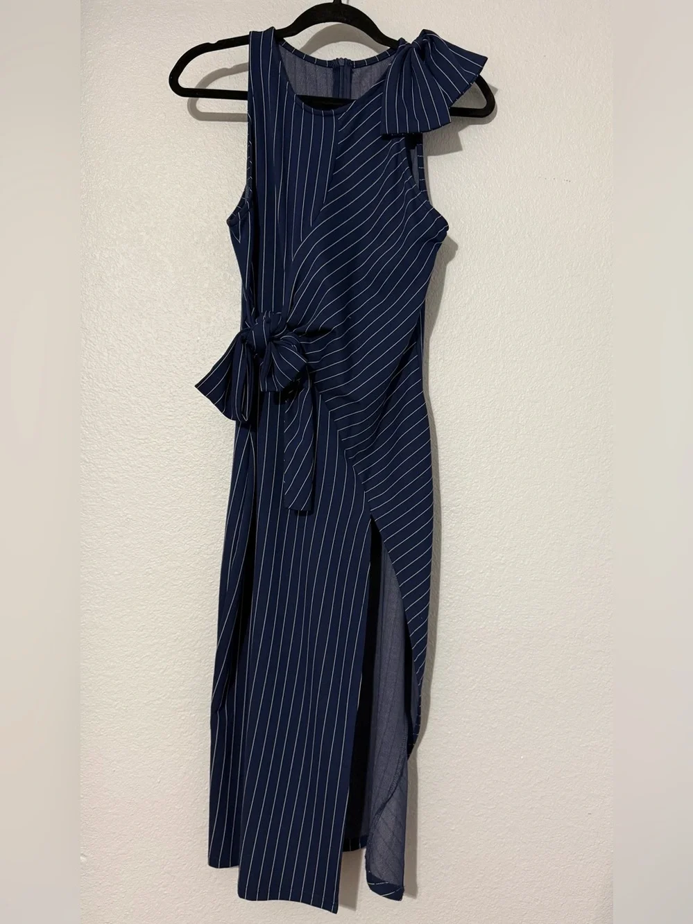 Navy Pinstripe Midi Dress with Statement Bow - Picture 4 of 6